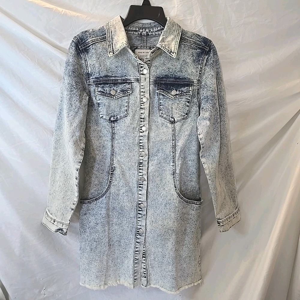 Uniq By Litz Dress Acid Wash Denim Rough Hem Stretch Pockets‎ Long Sleeve Y2K S